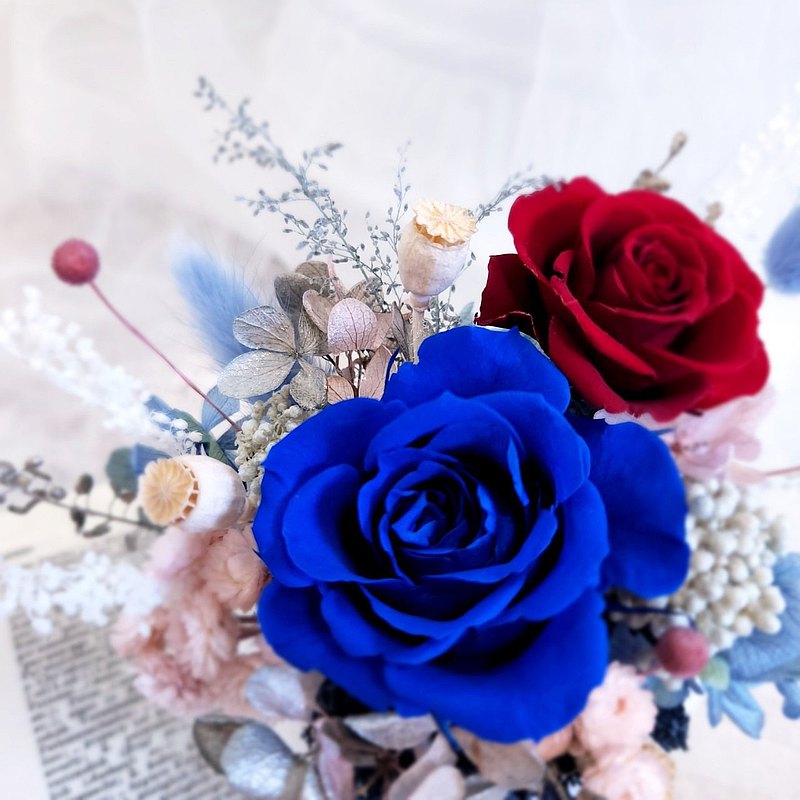 【莫緹花繪】特別唯一的你 深藍紅色 多角形桌花 開幕盆花 永生花 乾燥花