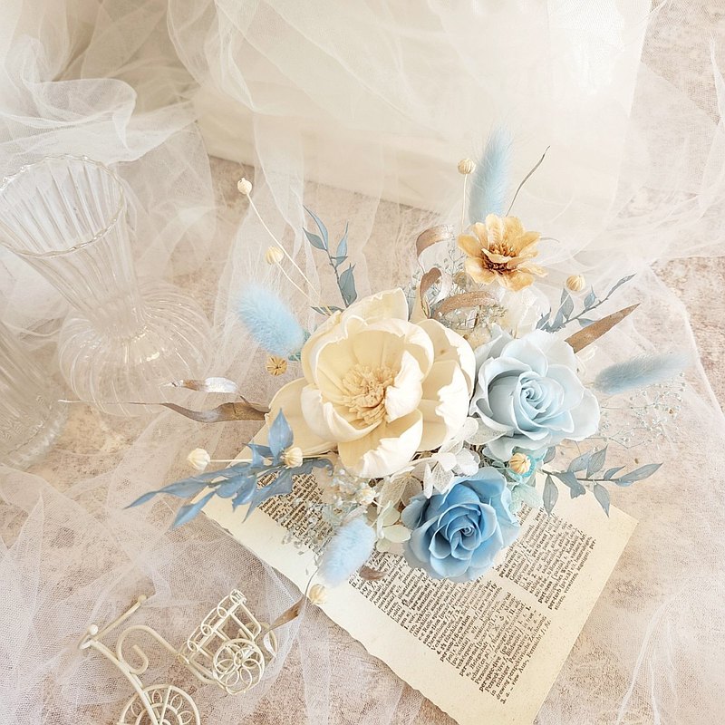 藍天白雲小款盆花 藍白色 開幕盆花 生日桌花 永生花 乾燥花 玫瑰