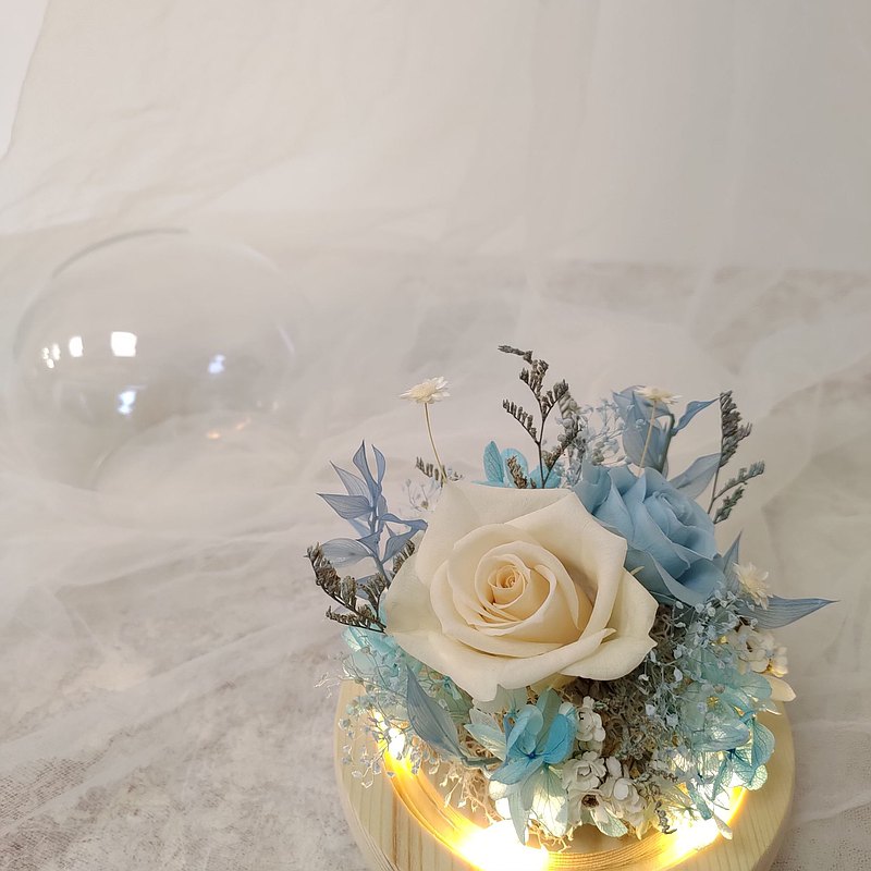 玻璃花盅 藍白配色 永生花 乾燥花 畢業禮 生日禮 情人節禮物