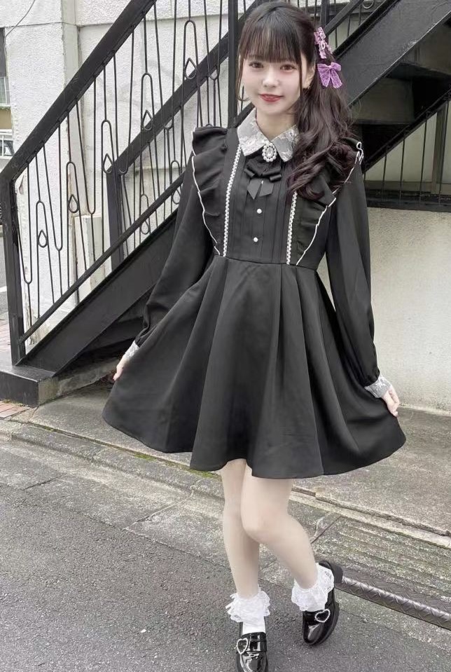 Rojita 小飛袖蕾絲地雷系量產型甜美粉黑 連衣裙