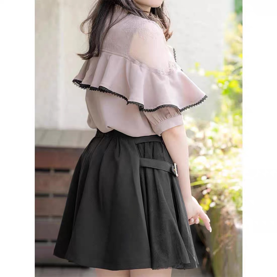 Rojita 甜美地雷系量產型蝴蝶結蕾絲飛飛袖粉色 短袖襯衫
