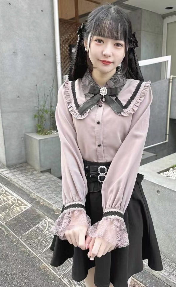 Rojita 地雷系量產型手袖蕾絲拼接胸針粉黑色襯衫