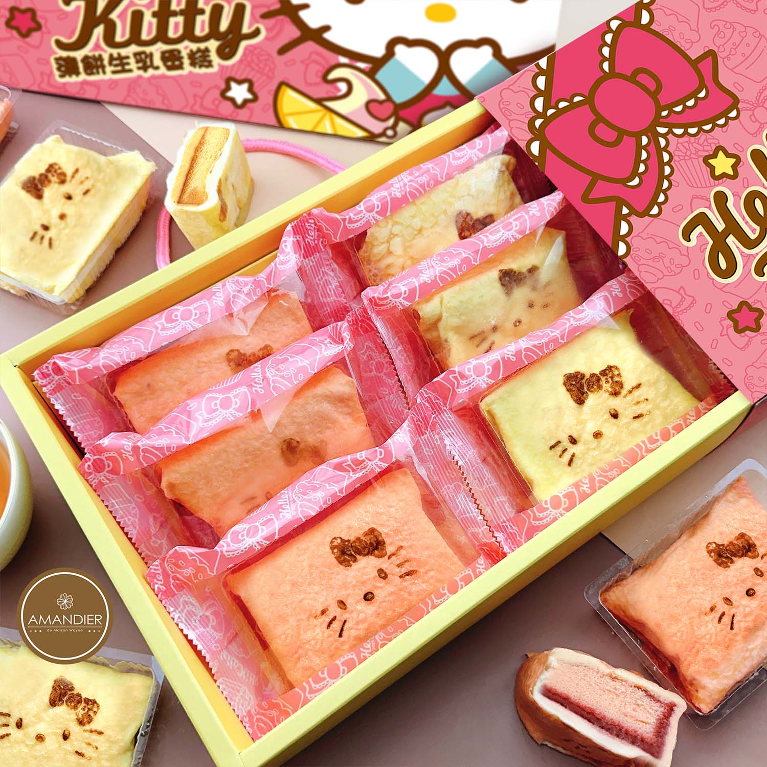 【雅蒙蒂】Hello Kitty薄餅生乳蛋糕(卡士達/草莓風味)