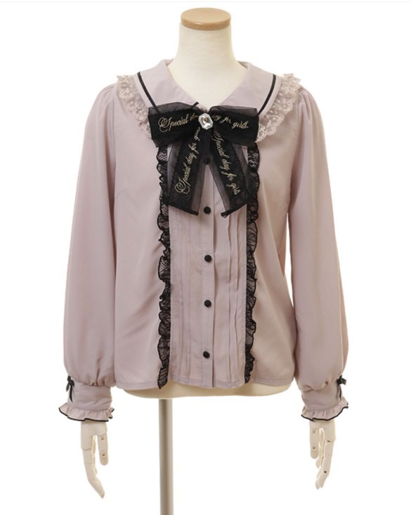LIZ LISA 英式復古字母套裝 蝴蝶結蕾絲縮褶 可愛優雅地雷系 分碼 長袖襯衫