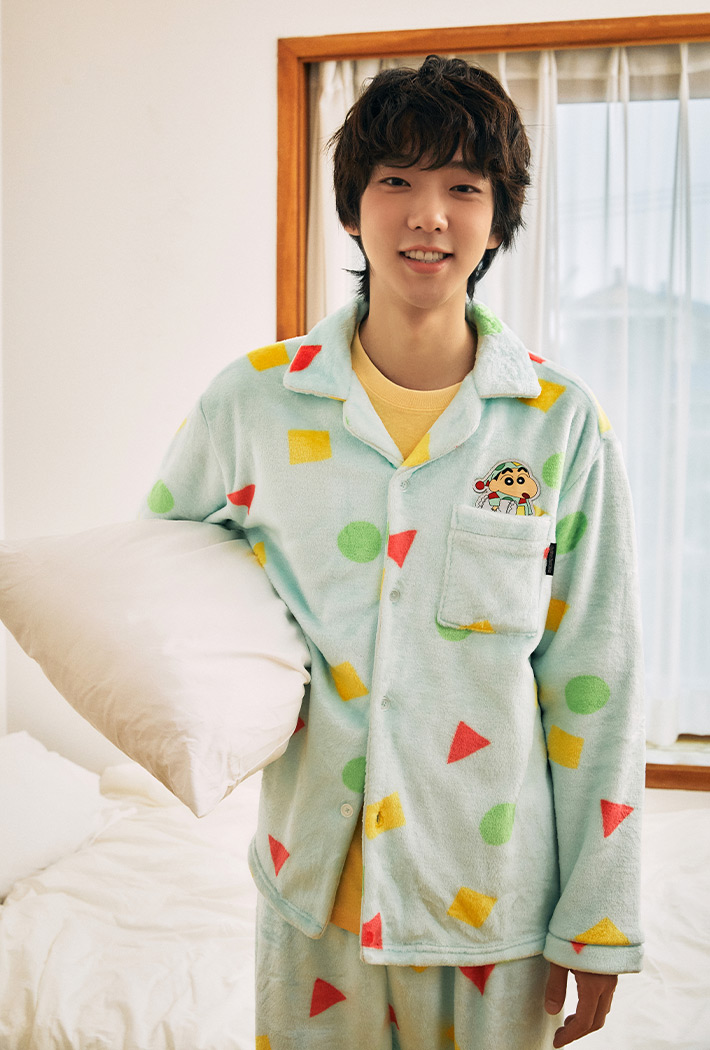 韓國🇰🇷 正版 蠟筆小新 冬季絨毛款長袖睡衣套裝 薄荷綠色