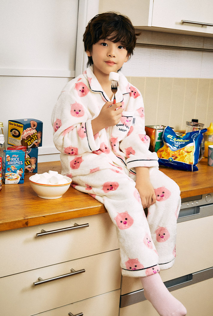 韓國🇰🇷 正版 小露比 Zanmang Loopy 잔망루피 冬季絨毛款兒童長袖睡衣套裝 小孩款睡衣 白色