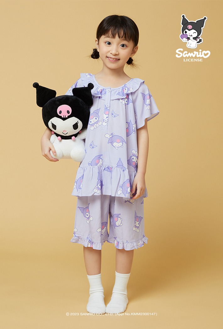 韓國🇰🇷 正版 三麗鷗 可羅米印花 薄款短袖睡衣套裝 滾荷葉邊 紫色