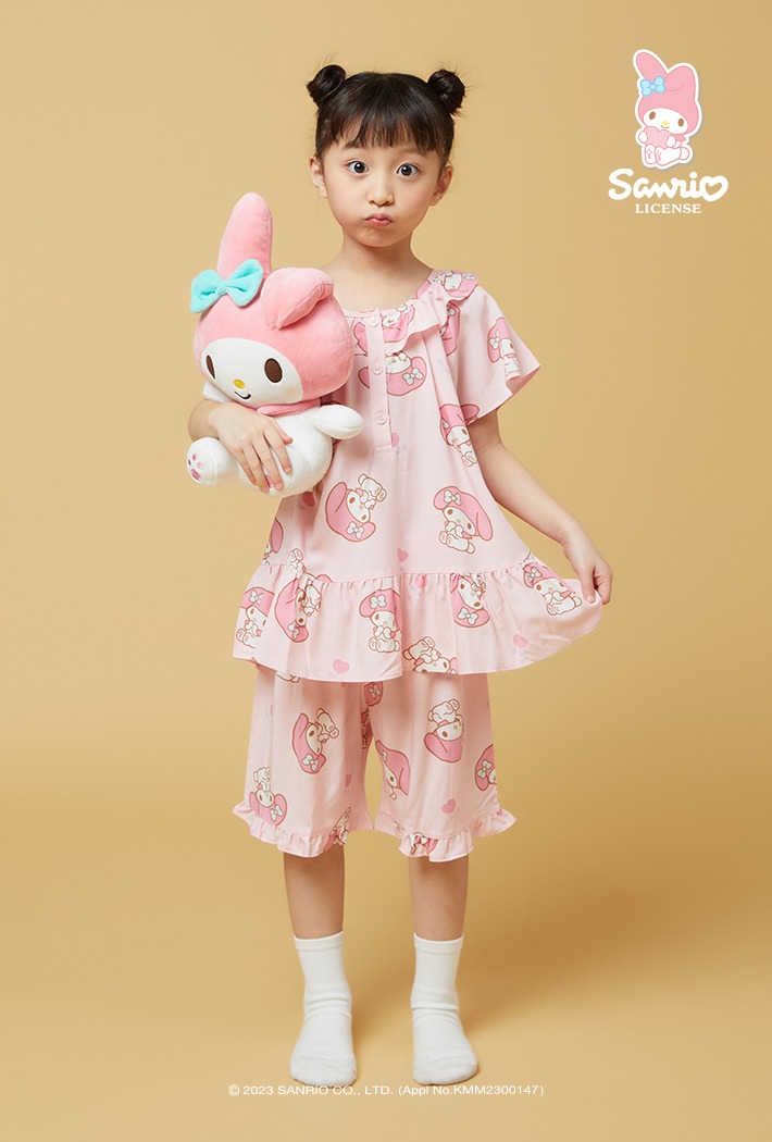 韓國🇰🇷 正版 三麗鷗 美樂蒂印花 薄款短袖睡衣套裝 滾荷葉邊 粉色