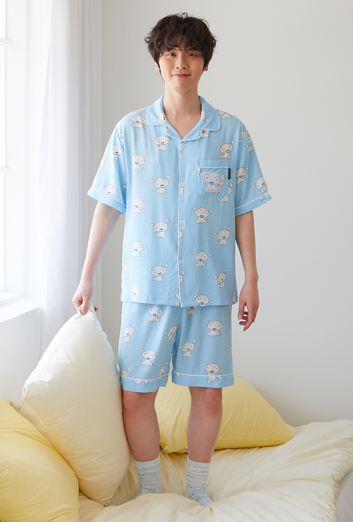 韓國🇰🇷 正版 蠟筆小新 小白狗狗印花 薄款短袖睡衣套裝 藍色