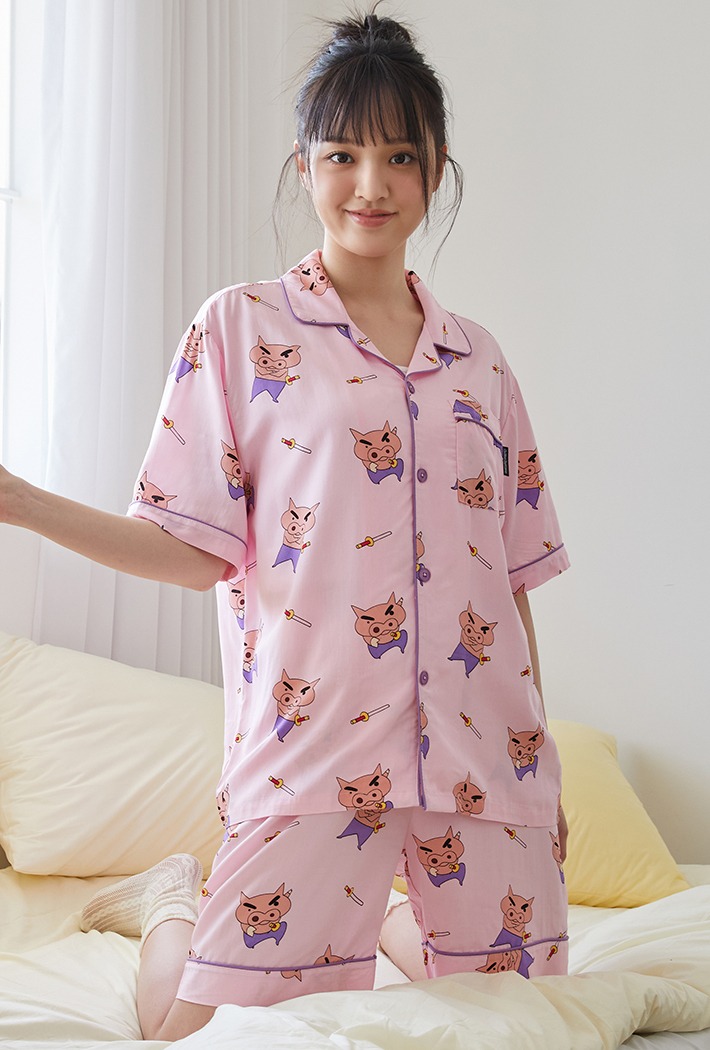 韓國🇰🇷 正版 蠟筆小新 肥嘟嘟左衛門印花 薄款短袖睡衣套裝 粉色