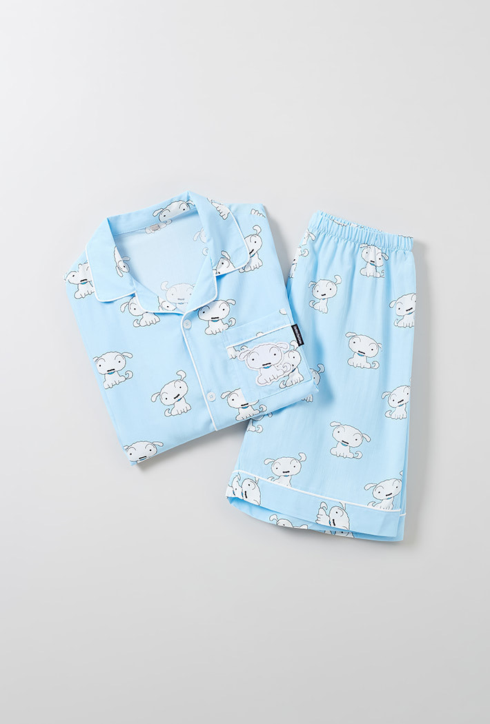 韓國🇰🇷 正版 蠟筆小新 小白狗狗印花 薄款短袖睡衣套裝 藍色