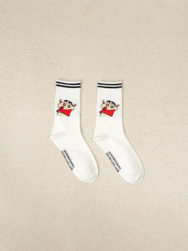 🇰🇷韓國大創 Daiso 正版 蠟筆小新 小新半身款 卡通襪子 學生襪子 中筒襪 堆堆襪 條紋圖案 中筒襪子