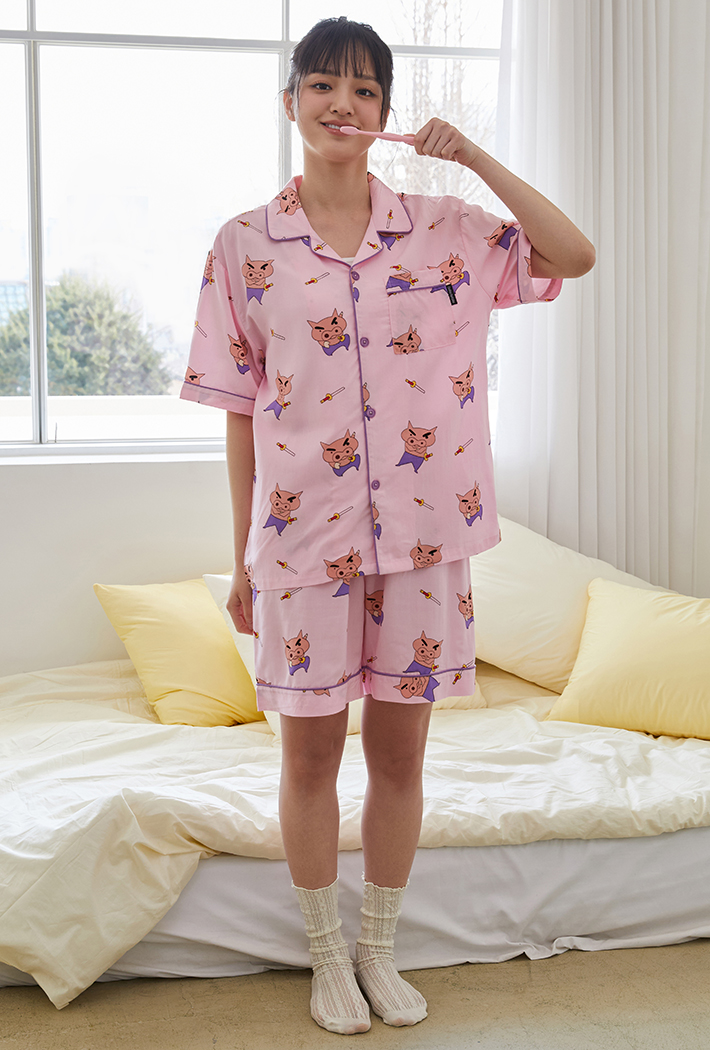 韓國🇰🇷 正版 蠟筆小新 肥嘟嘟左衛門印花 薄款短袖睡衣套裝 粉色